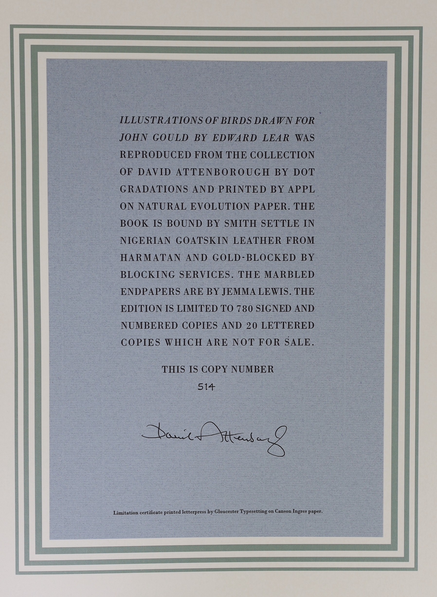 Lear (Edward). Illustrations of Birds, drawn for John Gould, collected and introduced by David Attenborough, facsimile edition, Folio Society, 2012